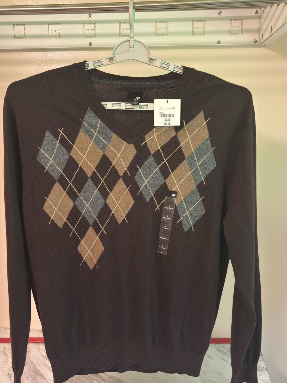 jf j.ferrar Brown V-Neck Argyle Sweater with Blue & Tan Accents